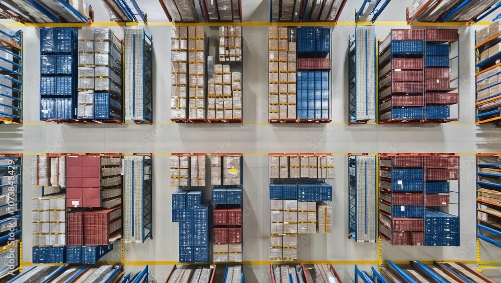 Aerial view of a warehouse filled with organized shelves stacked with colorful boxes, showcasing an efficient storage system. Aerial view of a warehouse filled with organized shelves stacked with colorful boxes, showcasing an efficient storage system.