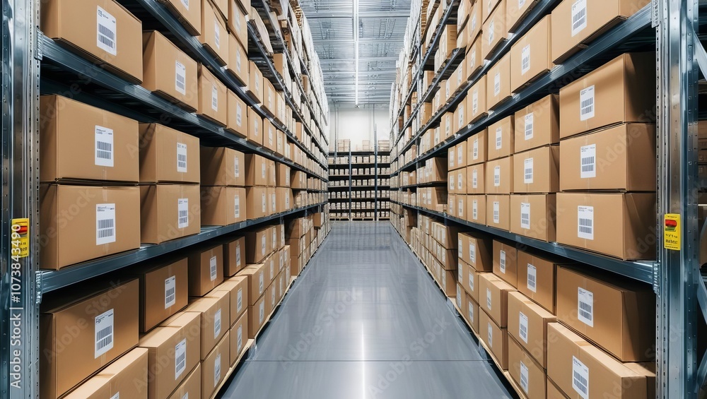 A spacious warehouse filled with neatly stacked cardboard boxes, creating an organized and efficient storage environment. A spacious warehouse filled with neatly stacked cardboard boxes, creating an organized and efficient storage environment.