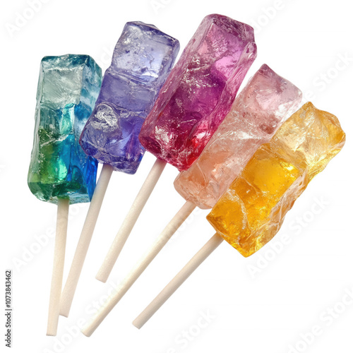 Five colorful lollipops on sticks, arranged in a semi-circle, isolated on transparent or white background photo