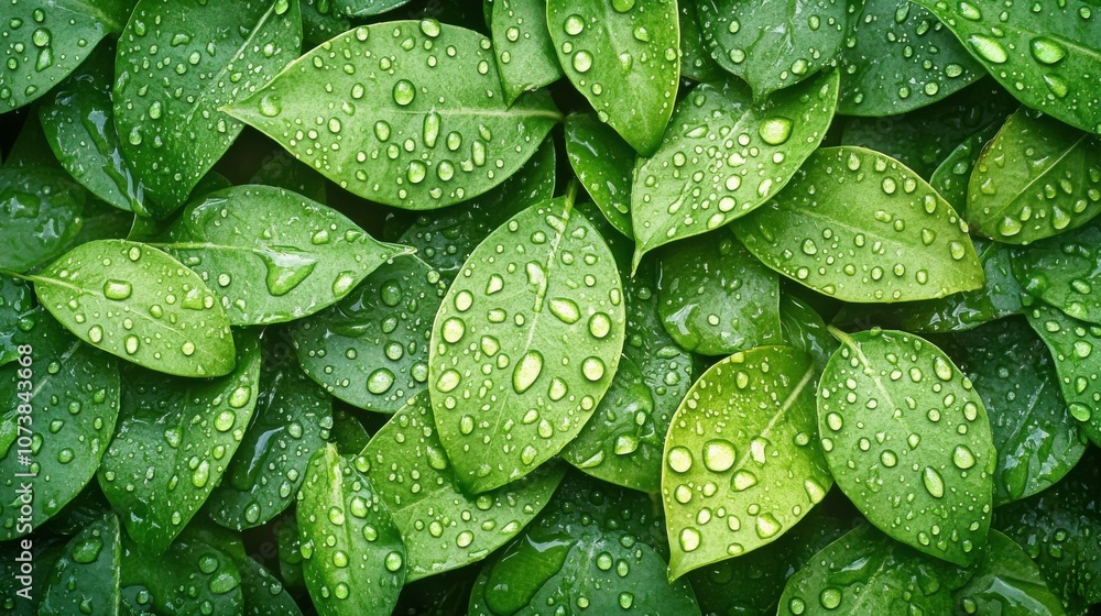 Close-up of vibrant green leaves covered in raindrops, showcasing nature's beauty and fresh aesthetics. Close-up of vibrant green leaves covered in raindrops, showcasing nature's beauty and fresh aesthetics.