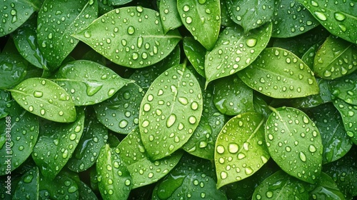 Close-up of vibrant green leaves covered in raindrops, showcasing nature's beauty and fresh aesthetics.