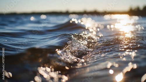 Close-up of shimmering waves at sunset, reflecting warm golden light on a tranquil body of water.