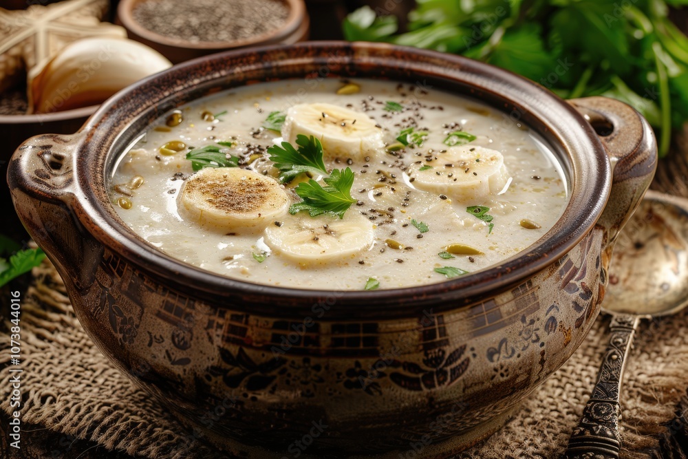 A bowl of soup with bananas and parsley A bowl of soup with bananas and parsley