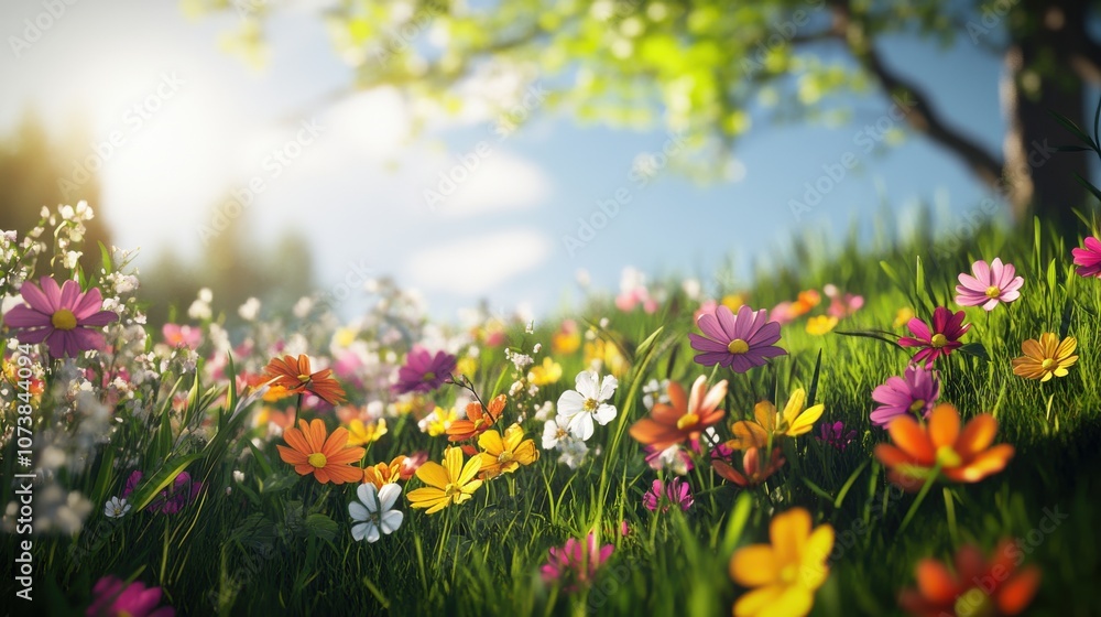 Fototapeta premium A vibrant spring meadow filled with colorful flowers in shades of pink, orange, and white, under a bright blue sky.