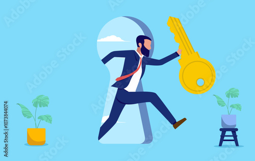Businessman with the key to success going trough doorway opening new opportunities in career and business. Flat design vector illustration graphic