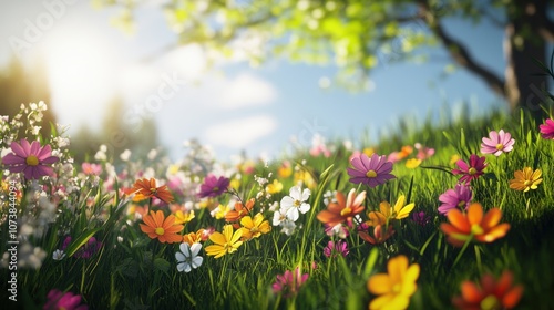 A vibrant spring meadow filled with colorful flowers in shades of pink, orange, and white, under a bright blue sky.