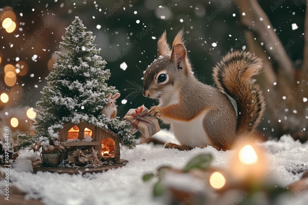 A wintery Christmas workshop with woodland animals and sparkling snow. A wintery Christmas workshop with woodland animals and sparkling snow.