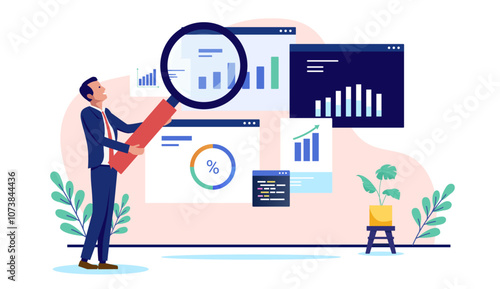 Business analytics - Businessman with magnifying glass inspecting, doing research and gaining insights from company data, charts and statistics. Flat design vector illustration on white background