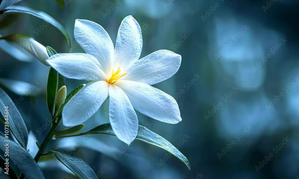 Serene White Flower in Dreamy Natural Blue Backdrop with Green Leaves Detail Focus Serene White Flower in Dreamy Natural Blue Backdrop with Green Leaves Detail Focus