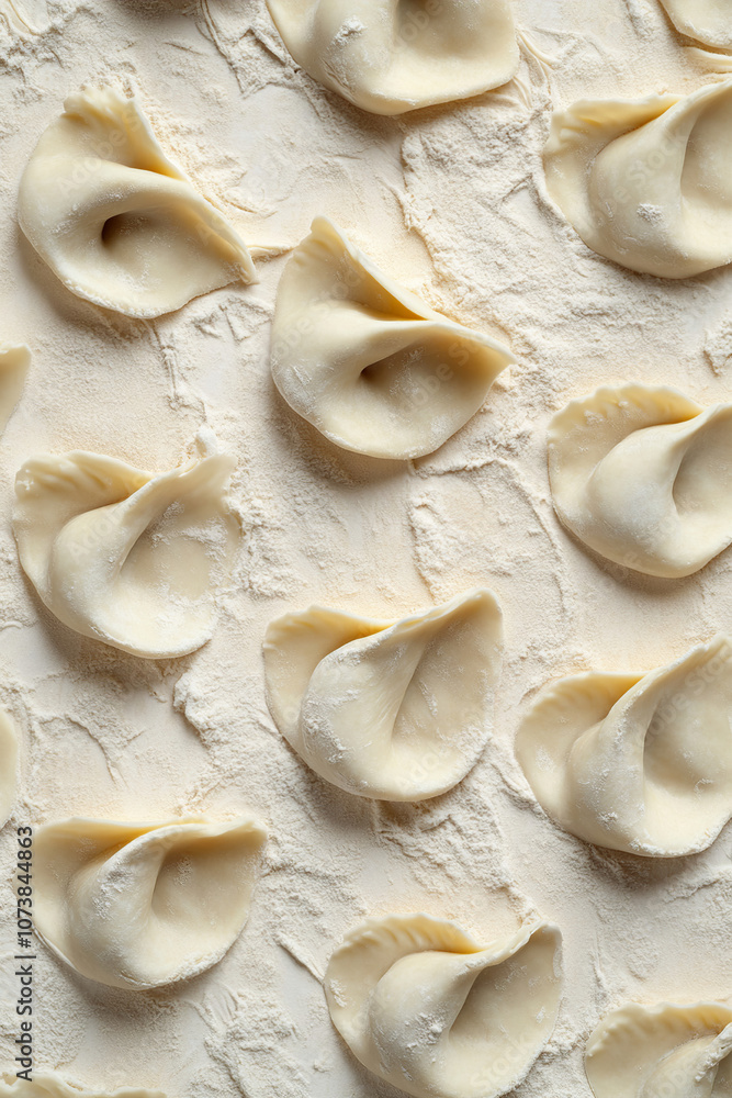 The image shows an elegant arrangement of raw pierogi, their dough soft and pale, with perfectly crimped edges, placed on a lightly floured surface. The pierogis are evenly spaced, highlighting their The image shows an elegant arrangement of raw pierogi, their dough soft and pale, with perfectly crimped edges, placed on a lightly floured surface. The pierogis are evenly spaced, highlighting their