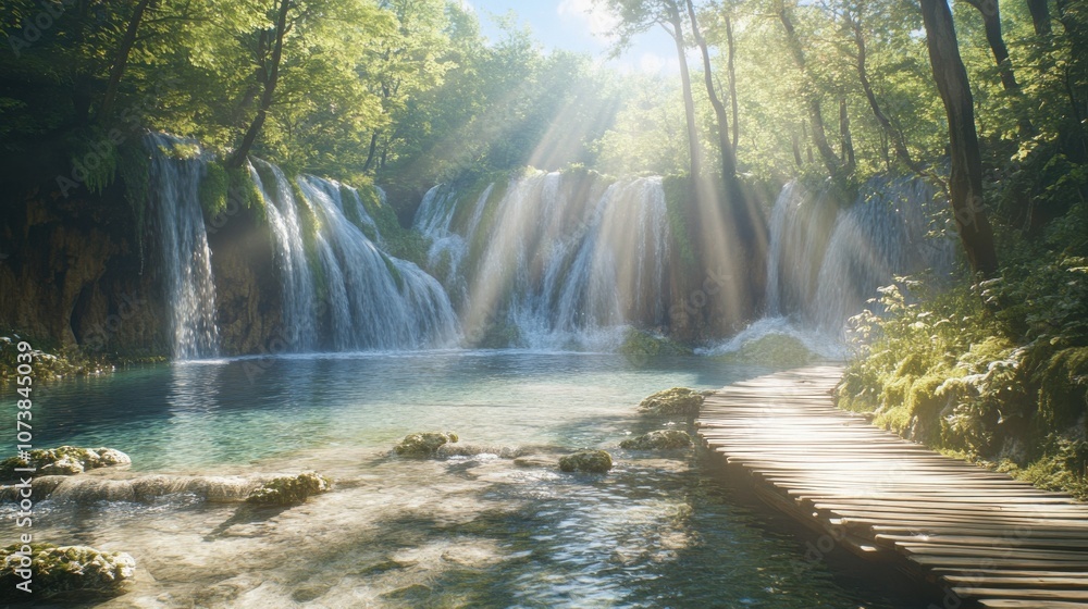 Captivating waterfall cascading into a serene pool, surrounded by lush greenery and gentle sunlight rays. Captivating waterfall cascading into a serene pool, surrounded by lush greenery and gentle sunlight rays.