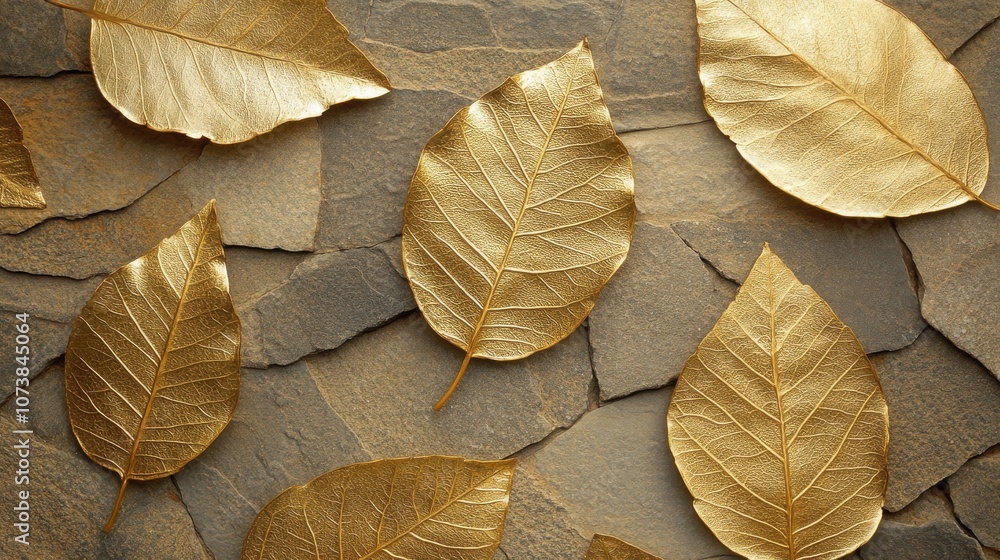 Elegant golden leaves arranged on a textured stone background, creating a luxurious and artistic aesthetic. Elegant golden leaves arranged on a textured stone background, creating a luxurious and artistic aesthetic.