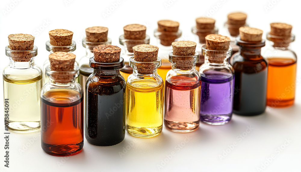 A collection of essential oils in small bottles on a white background A collection of essential oils in small bottles on a white background