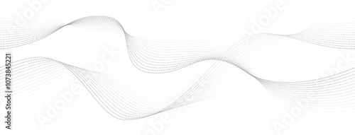 Seamless flowing gray dot particles on abstract white background. Halftone gradient wave pattern or curve shapes. Vector concept of future technology, science, music and modern.