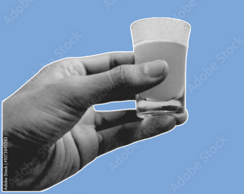close up of hand holding shot glass of whiskey pixelate grayscale color halftone dotted texture style collage element isolated on blue background