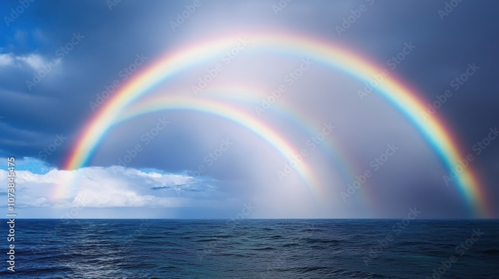 A stunning double rainbow arches over a tranquil ocean, contrasting with the dark storm clouds above. A stunning double rainbow arches over a tranquil ocean, contrasting with the dark storm clouds above.