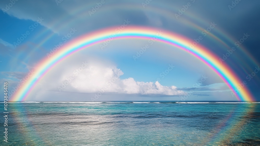 A vibrant rainbow arches over a calm ocean, creating a stunning contrast against the blue sky and wispy clouds. A vibrant rainbow arches over a calm ocean, creating a stunning contrast against the blue sky and wispy clouds.