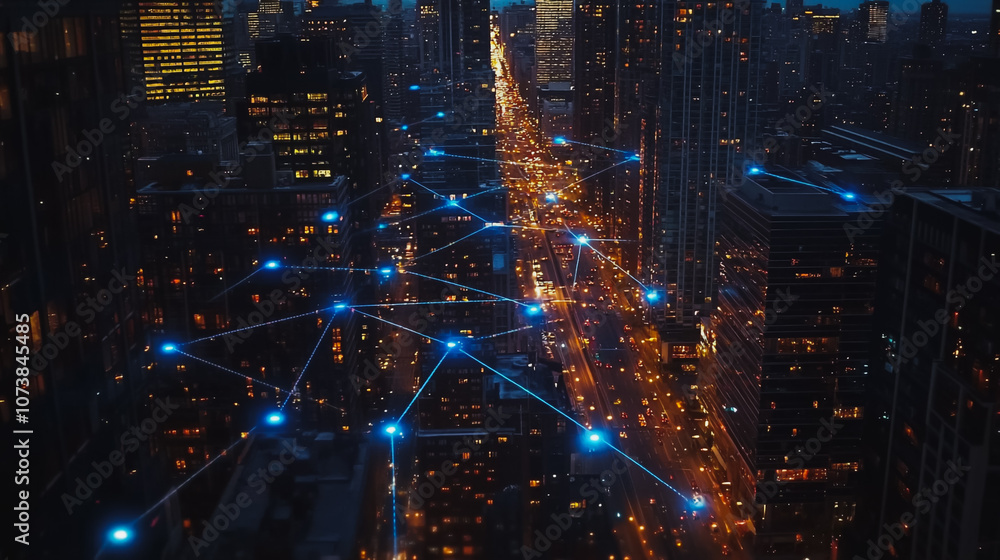 Fototapeta premium Smart digital Innovation city Business skyscrapers in the Financial District with connection network reciprocity over the cityscape at night time of future smart wireless social media networking 