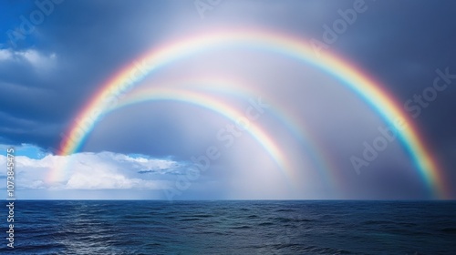 A stunning double rainbow arches over a tranquil ocean, contrasting with the dark storm clouds above.