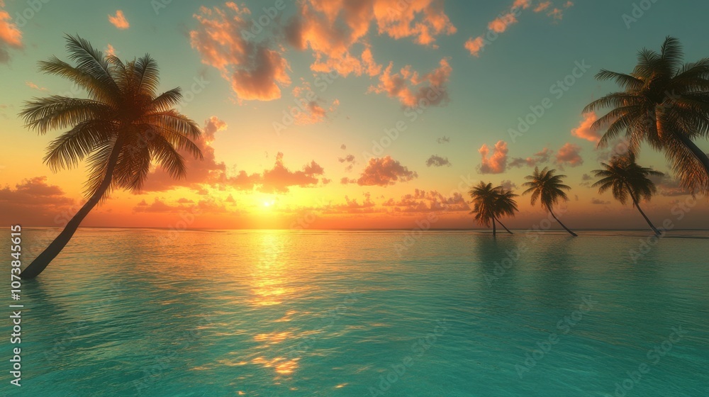 Serene tropical sunset over calm waters, featuring palm trees silhouetted against a vibrant sky. Serene tropical sunset over calm waters, featuring palm trees silhouetted against a vibrant sky.