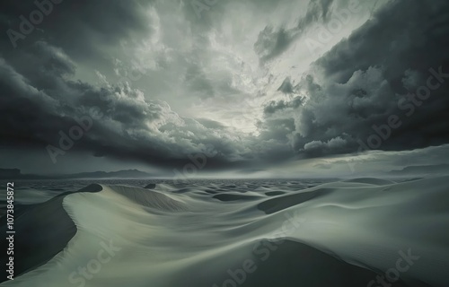 Photograph of an Endless Desert with Sand Ripples and a Dramatic Cloudy Sky