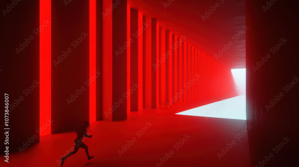 A person runs through a futuristic corridor bathed in red light, AI A person runs through a futuristic corridor bathed in red light, AI