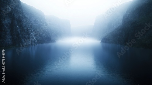 Mysterious fog envelops a serene lake between towering cliffs, creating a tranquil and ethereal atmosphere.