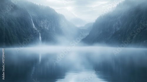 Serene misty landscape of a tranquil lake surrounded by majestic mountains and subtle waterfalls.