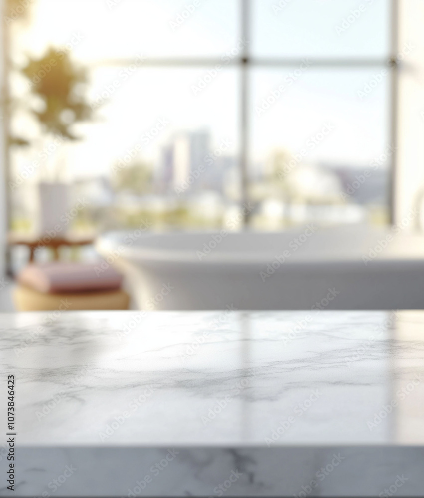 custom made wallpaper toronto digitalCopy space on white marble tabletop with bath accessories over blurred bathroom in the background