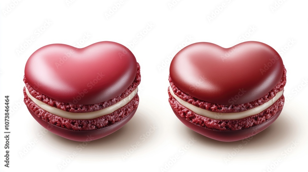 Heart-Shaped Red Macarons with Cream Filling on White Background Heart-Shaped Red Macarons with Cream Filling on White Background