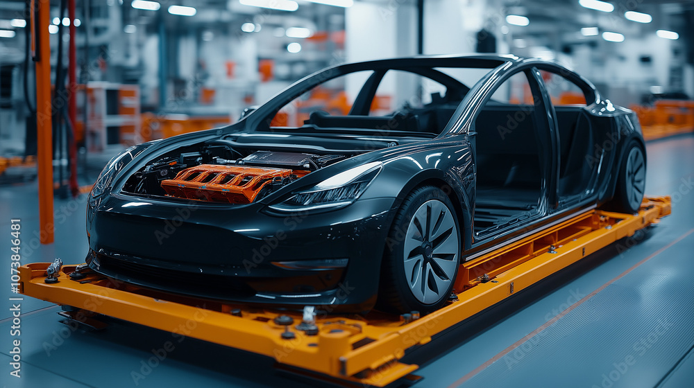 Obraz premium EV Car Model 3 Production Line: Advanced Manufacturing Process in Electric Vehicle Assembly