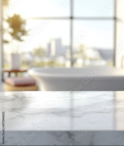 Wallpaper Mural Copy space on white marble tabletop with bath accessories over blurred bathroom in the background Torontodigital.ca