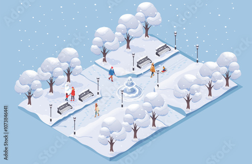 A snowy park with benches and a fountain, featuring people enjoying winter. Vector illustration