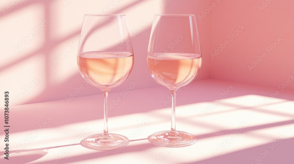Minimalist Aesthetic: Two Glasses of Rose Wine in Soft Pink Light Minimalist Aesthetic: Two Glasses of Rose Wine in Soft Pink Light