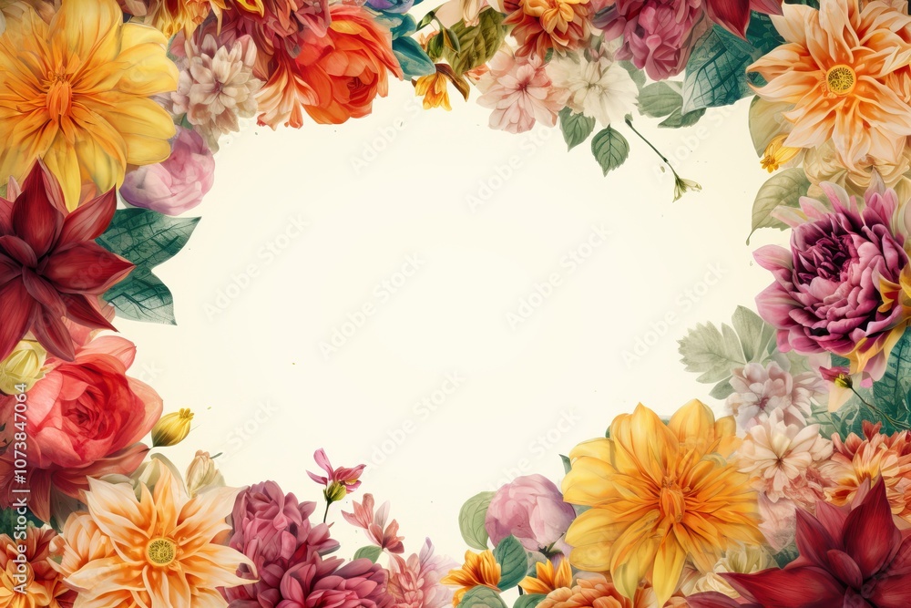 Fototapeta premium Beautiful floral border with colorful blooms and empty copy space in the center