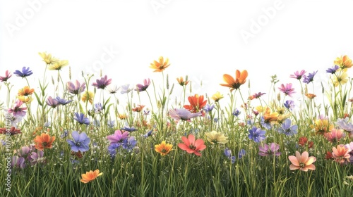 Vibrant wildflowers in bloom against a bright sky backdrop, creating a cheerful and colorful landscape.