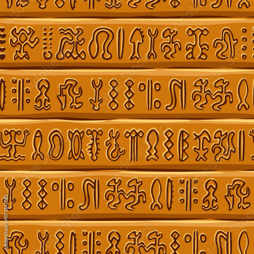 Seamless pattern gryph Rongorongo on Easter island  or Rapa Nui. Isolated vector cartoon undeciphered captions ancient peoples. Background with old texts. 