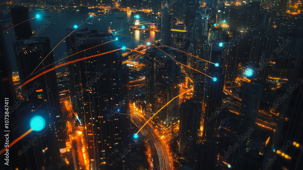 Obraz premium Smart digital Innovation city Business skyscrapers in the Financial District with connection network reciprocity over the cityscape at night time of future smart wireless social media networking 