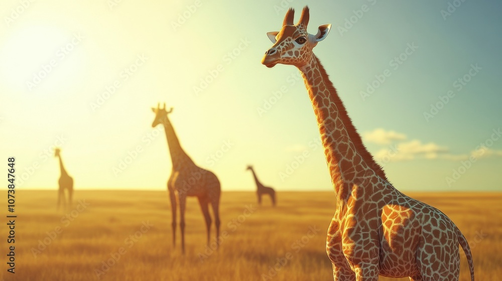 Naklejka premium A majestic giraffe stands tall in the golden light of the savanna, with other giraffes silhouetted in the background.