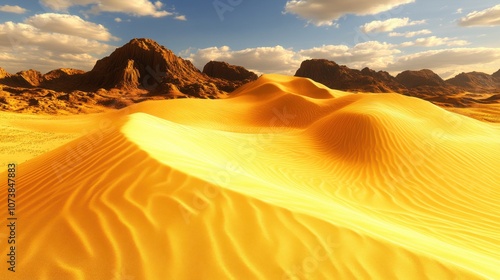 Golden sand dunes stretch under a blue sky, creating a tranquil desert landscape with mountain silhouettes in the background.