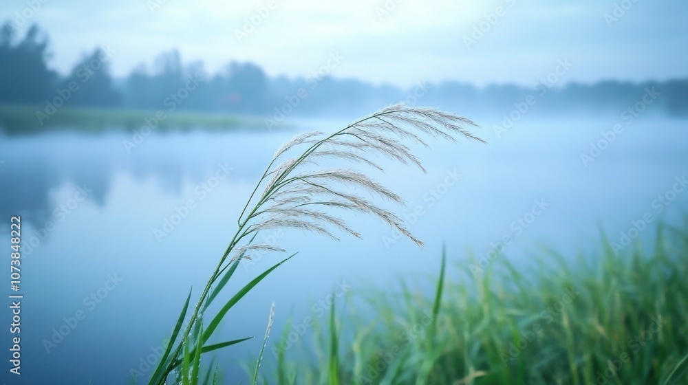 Fototapeta premium A serene close-up of tall grass in a misty environment near a calm body of water.