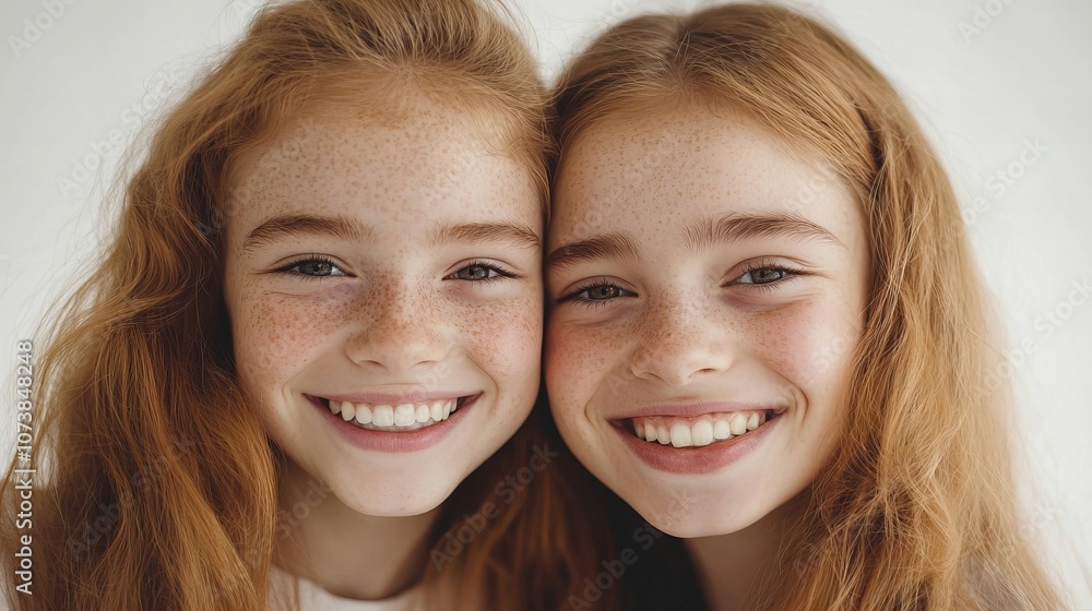portrait of smiling teenage twins isolated on white portrait of smiling teenage twins isolated on white