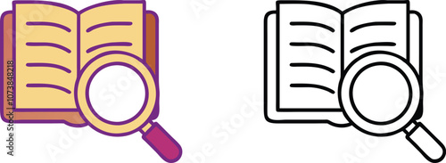 An open book with a magnifying glass hovering over it, representing research, investigation, or searching for knowledge.
