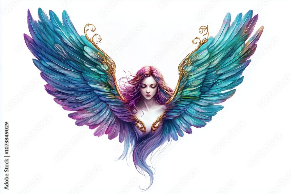Obraz premium Vibrant Angel Tattoo with Golden Details on White Background