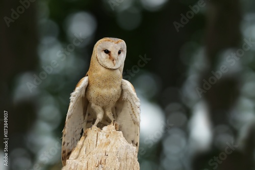 Barn Owl perched on a tree stump. (Tyto alba) . Western barn owl in the nature habitat. Portrait of an owl with outstretched wings. photo