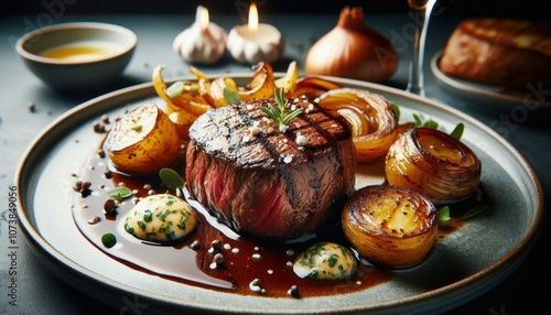 Gourmet beef tenderloin, herb butter, roasted vegetables, fine dining presentation, rich sauce, elegant plating, shallow depth of field, soft lighting, high-end restaurant cuisine, culinary artistry, 