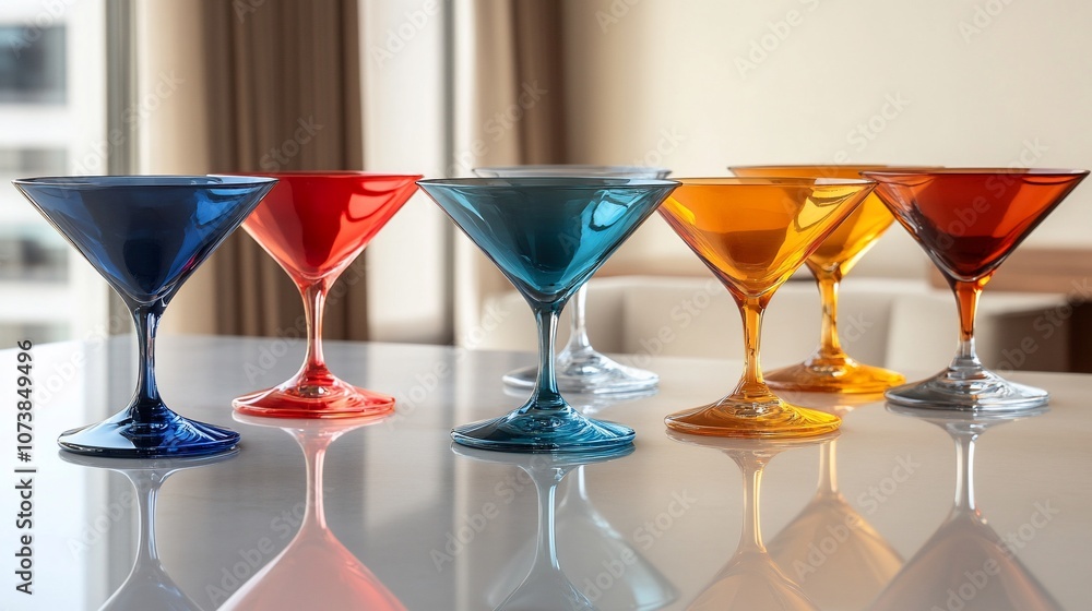 Six colorful martini glasses on white table. Six colorful martini glasses on white table.