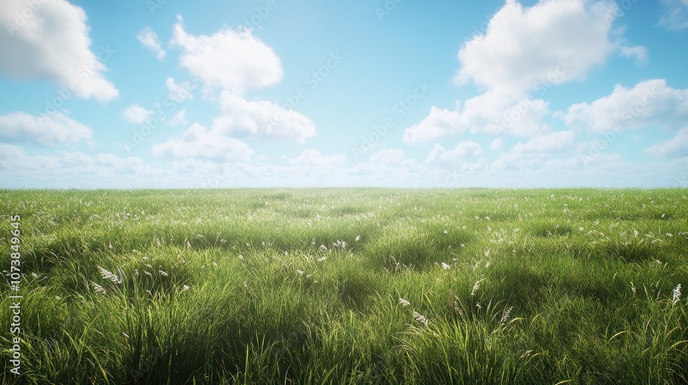 Fototapeta premium A serene landscape of lush green grass under a bright blue sky filled with fluffy white clouds.