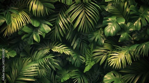 A lush collection of vibrant green tropical leaves, showcasing rich textures and varying shapes for a vivid natural backdrop.