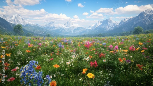 Vibrant flower field in a breathtaking mountainous landscape, filled with colorful blossoms and lush greenery.